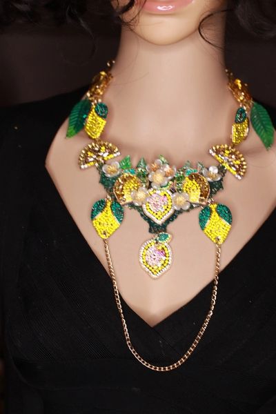 SOLD! 9536 Set Of Baroque Rhinestone Sicilian Lemon Fruit Necklace+ Earrings