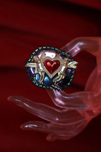 9547 Black Cherubs Baroque Heart Iridescent Adjustable Cocktail Ring