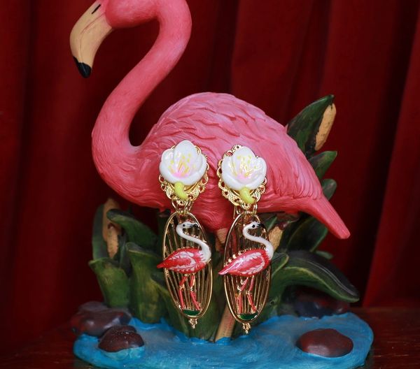 9549 Tropical Flamingo Cage Enamel Earrings