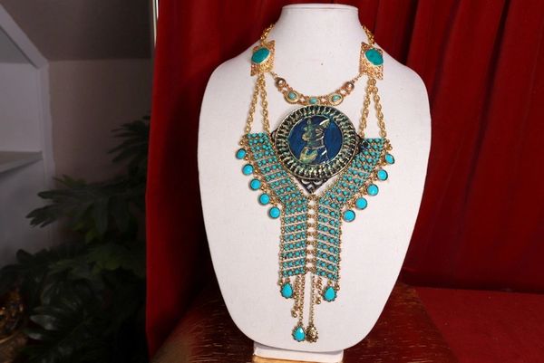 SOLD! 9555 Egyptian Revival Hand Painted Bastet Iridescent 3D Effect Statement Huge Necklace