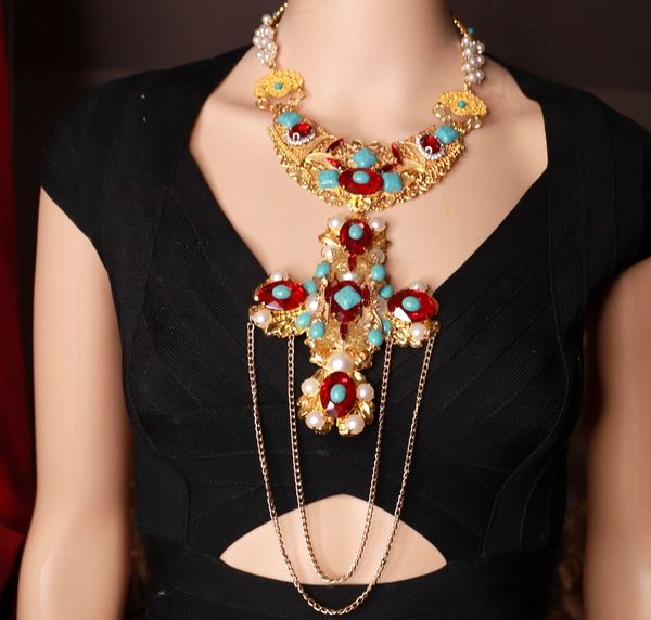 SOLD! 9556 Baroque Alta Moda Large Cross Red Turquoise Necklace