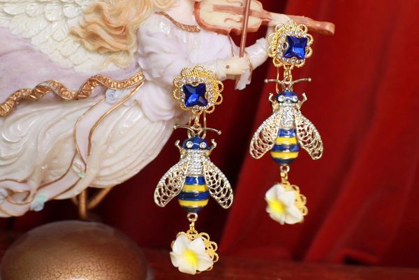 SOLD! 9566 Baroque Enamel Large Bee Lemon Flower Earrings