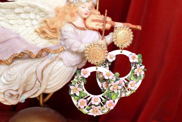 SOLD! 9567 Baroque Enamel Flower Blossom Coin Earrings
