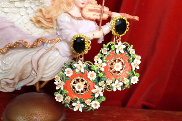 SOLD! 9568 Baroque Enamel Flower Blossom Orange Earrings