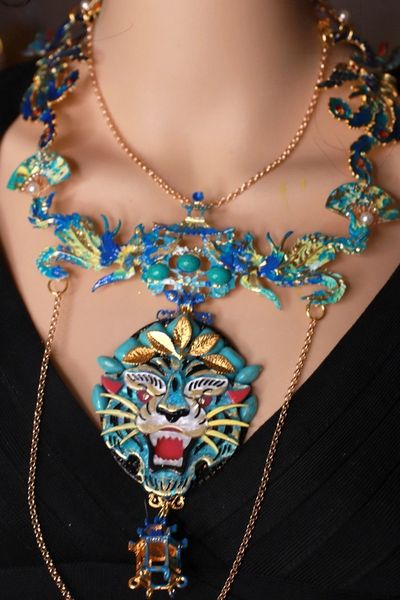 SOLD! 9571 Asian Revival Japanese Tiger Peacock Large Necklace