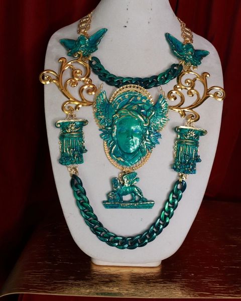 9572 Medieval Art Jewelry 3D Effect Hand Painted Medusa Gorgon Malachite Stone effect Necklace