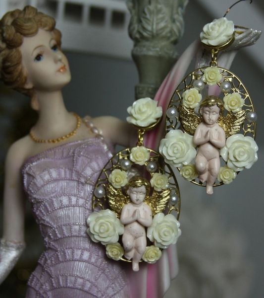 SOLD! 1079 Baroque Vivid Cherub Milky Rose Studs Earrings