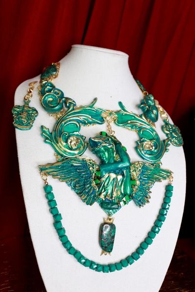 SOLD! 9580 Set Of Roman Statues Art Jewelry 3D Effect Hand Painted Malachite Stone effect Necklace+ Earrings