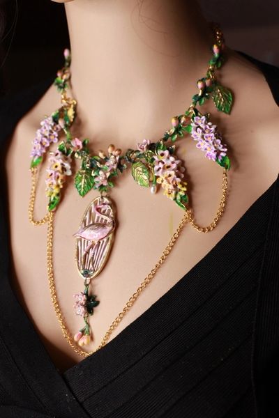 SOLD! 9595 Enamel Flamingo hydrangea Flowers Elegant Necklace
