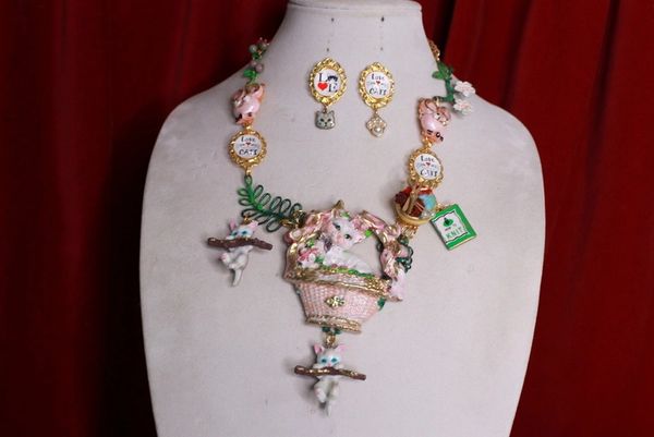 SOLD! 9601 Set Of Hand Painted Cat Mommy Adorable Necklace+ Earrings