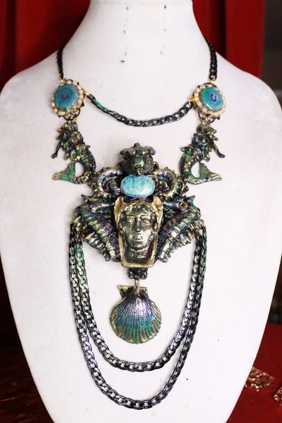 9612 Nautical Dark Series Mermaid Seahorses Art Jewelry 3D Effect Hand Painted Huge Necklace