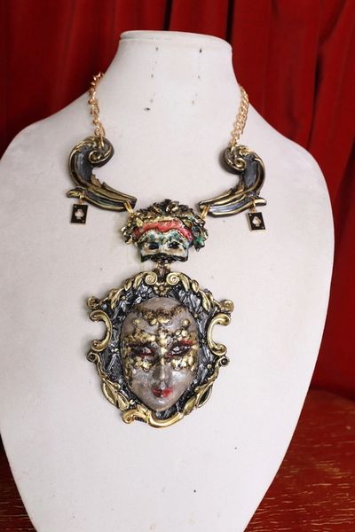 SOLD! 9615 Dark Series Art Jewelry 3D Effect Vintage Style Venetian Mask Jocker Huge Necklace