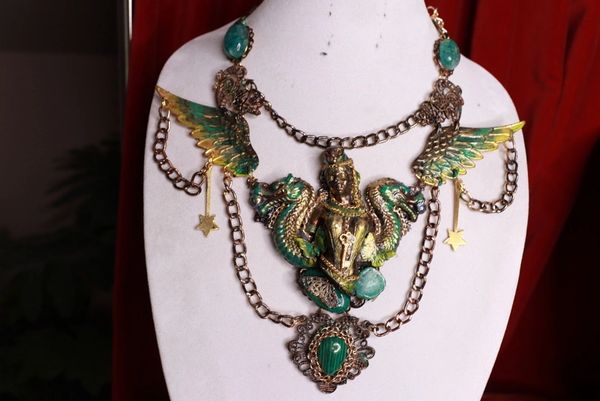 SOLD! 9621 Dark Series Art Jewelry 3D Effect Bronze Patina Greek Goddess Warrior Dragons Huge Necklace