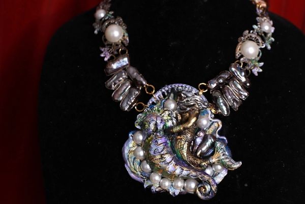 SOLD! 9622 Dark Series Art Jewelry 3D Effect Bronze Patina Black Pearl Genuine Poseidon Neptune Huge Necklace