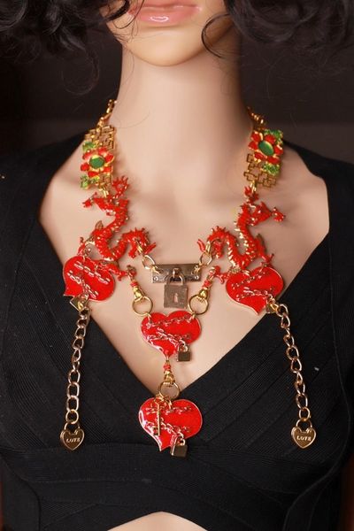 SOLD! 9632 Japanese Revival Dragons Hearts Lock Enamel Large Necklace