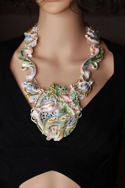 SOLD! 9636 Art Jewelry Pastel Huge Unicorn With Baby Unicorns Huge Unusual Necklace