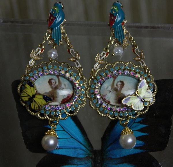 SOLD! 1087 Cameo Victorian Venus Enamel Parrot Earrings