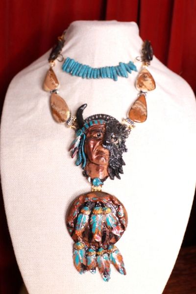 9661 Art Jewelry Native Warrior American Chief Genuine Gemstones One Of A Kind Necklace
