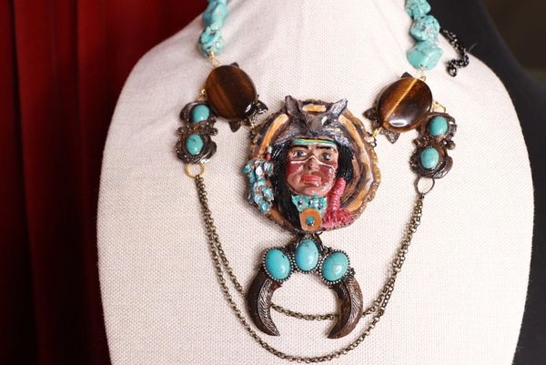 9662 Art Jewelry Native Warrior American Chief Genuine Gemstones One Of A Kind Necklace