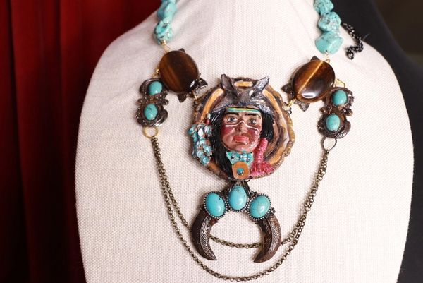 SOLD! 9662 Art Jewelry Native Warrior American Chief Genuine Gemstones One Of A Kind Necklace