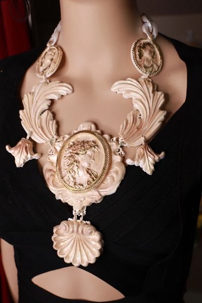 SOLD! 9663 Set Of Victorian Large Cameo Champagne Necklace+ Earrings