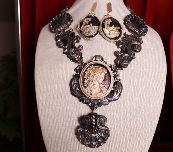 SOLD! 9664 Set Of Victorian Large Cameo Black Necklace+ Earrings