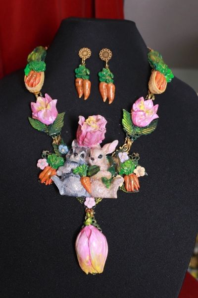SOLD! 9666 Art Jewelry Set Of Bunnies Carrots Tulips Hand Painted Necklace+ Earrings
