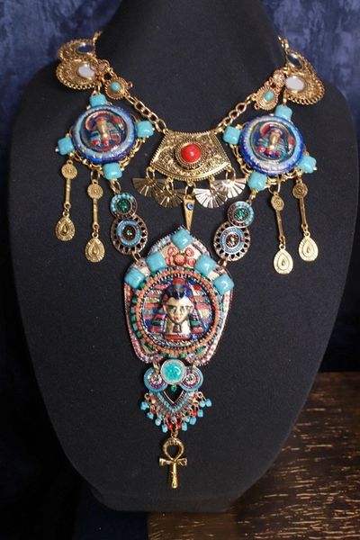 SOLD! 9684 Egyptian Revival Pharaoh Hand Painted Turquoise 3D Necklace