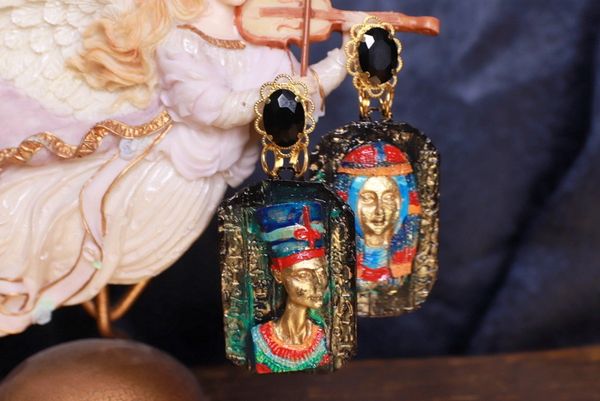 SOLD! 9686 Egyptian Revival Hand Painted Large Earrings