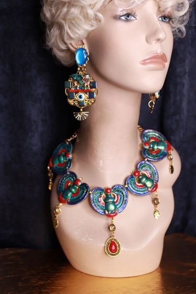 9687 Egyptian Revival Scarab Hand Painted Turquoise 3D Necklace