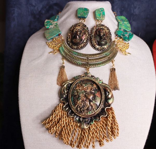 SOLD! 9693 Set Of Art Deco Bronze Color Patina Genuine Gemstones Fringe 3D Necklace+ Earrings