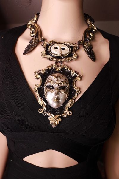 9694 Dark Series Art Jewelry 3D Effect Vintage Style Venetian Mask Jocker Huge Necklace