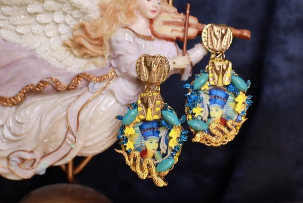9700 Egyptian Cameo Cleopatra Blue Large Earrings