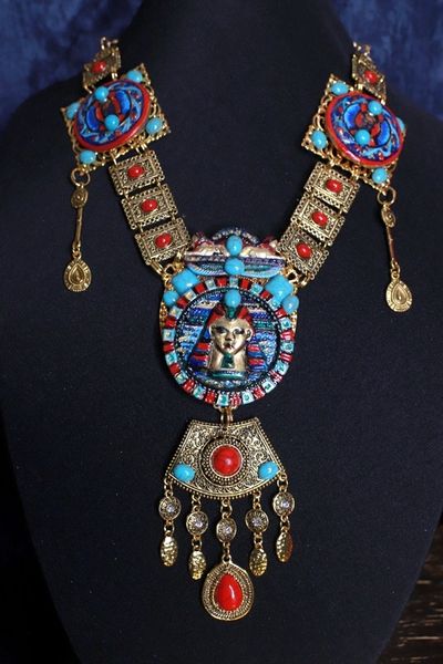 9709 Egyptian Revival Pharaoh Hand Painted Turquoise 3D Necklace