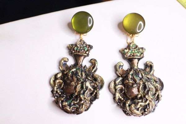 SOLD! 9716 Vintage Style Roman Goddess Medusa Massive Bronze Color Studs Earrings