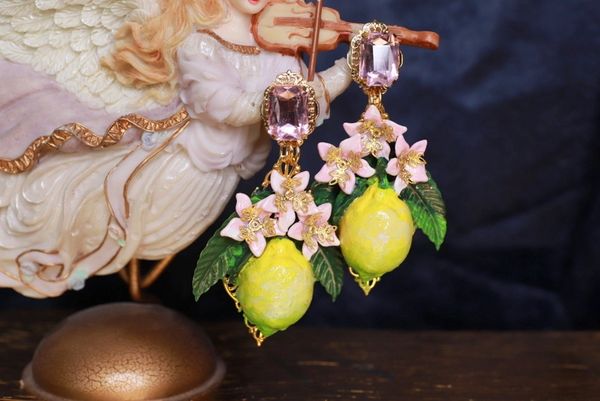 SOLD! 9723 Baroque Large Lemon Fruit Flower Blossom Pink Earrings