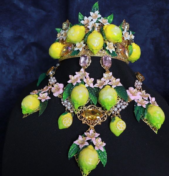 SOLD 9724 Baroque 3D Effect Triple Lemon Fruit Statement Necklace