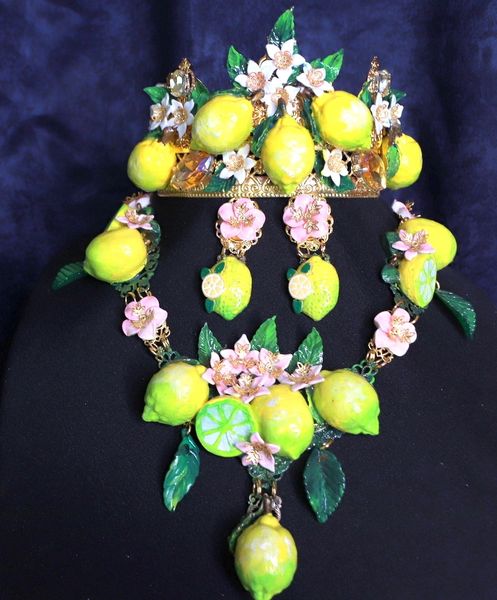 SOLD! 9726 Set Of Baroque 3D Effect Lemon Fruit Statement Necklace+ Earrings