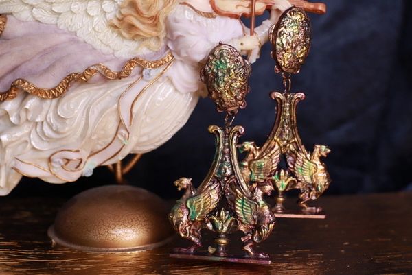 SOLD! 9739 Vintage Style Cooper Patina Gargoyles Baroque Studs Earrings