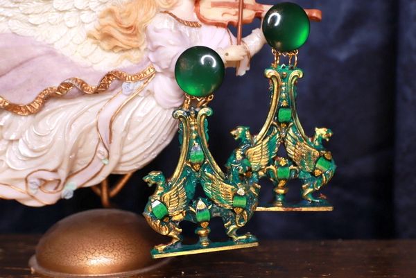 SOLD! 9740 Vintage Style Green Gargoyles Baroque Studs Earrings