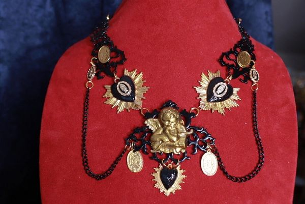 SOLD! 9743 Baroque Sacred Heart Cherub Black Statement Necklace