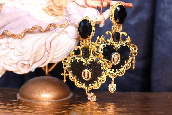 SOLD! 9745 Baroque Large Black Sacred Heart Studs Earrings
