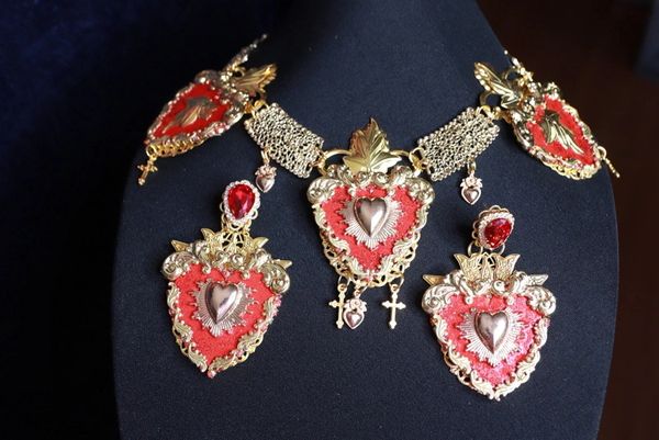 SOLD! 9746 Baroque Sacred Hearts Red Statement Necklace