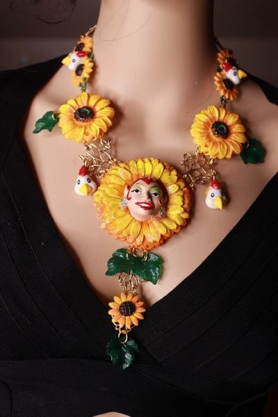 9748 Set Of Hand Painted Carnival Sunflower Necklace+ Earrings