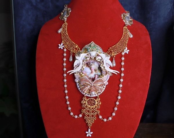 SOLD! 9756 Just The Necklace Young Marie Antoinette Birds Pink Flower Massive Necklace