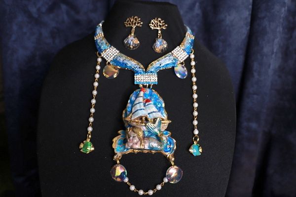 9766 Necklace+ Earrings Set Nautical Sleeping Mermaid Ship