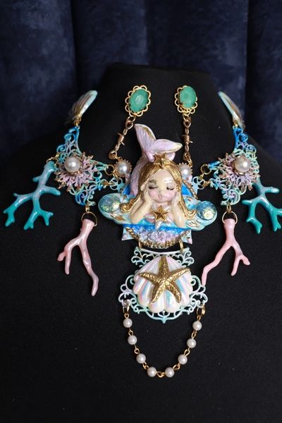 SOLD! 9767 Necklace+ Earrings Set Nautical Sleeping Mermaid Corals