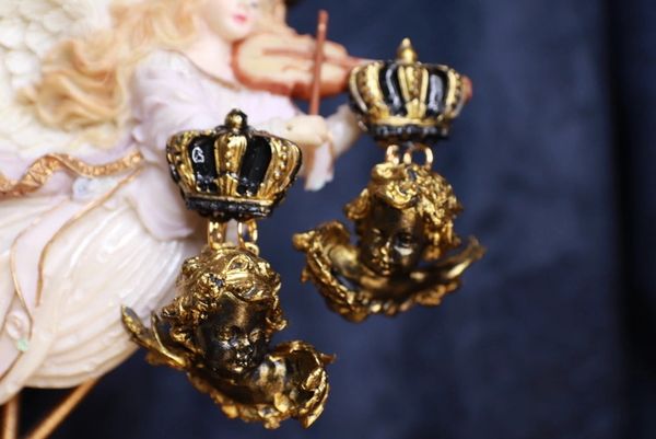 SOLD! 9788 Baroque Vintage Style Gold Chubby Cherubs Crown Studs Earrings