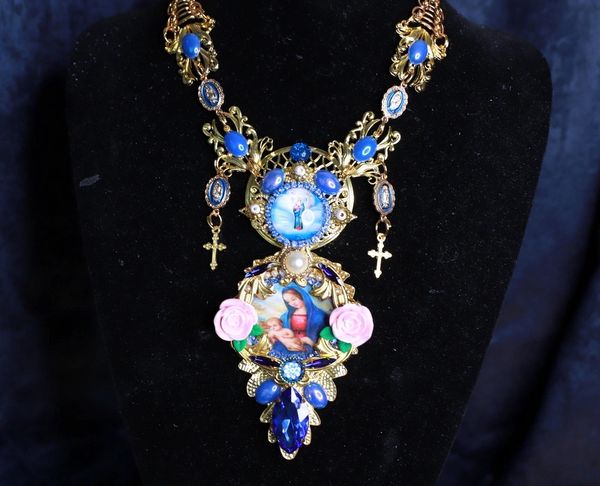 SOLD! 9817 Virgin Mary Madonna Blue Massive Necklace