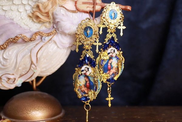 SOLD! 9818 Virgin Mary Blue Crosses Studs Earrings